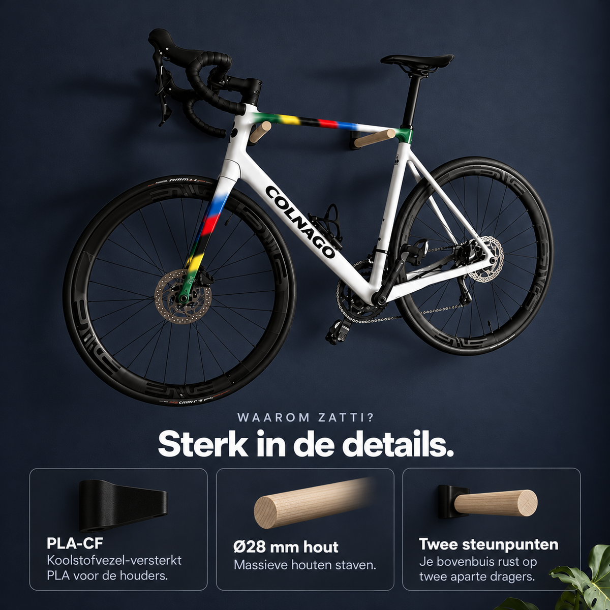 ZATTI Fietswandhouder | Houten steunen met carbonvezelversterkte houders